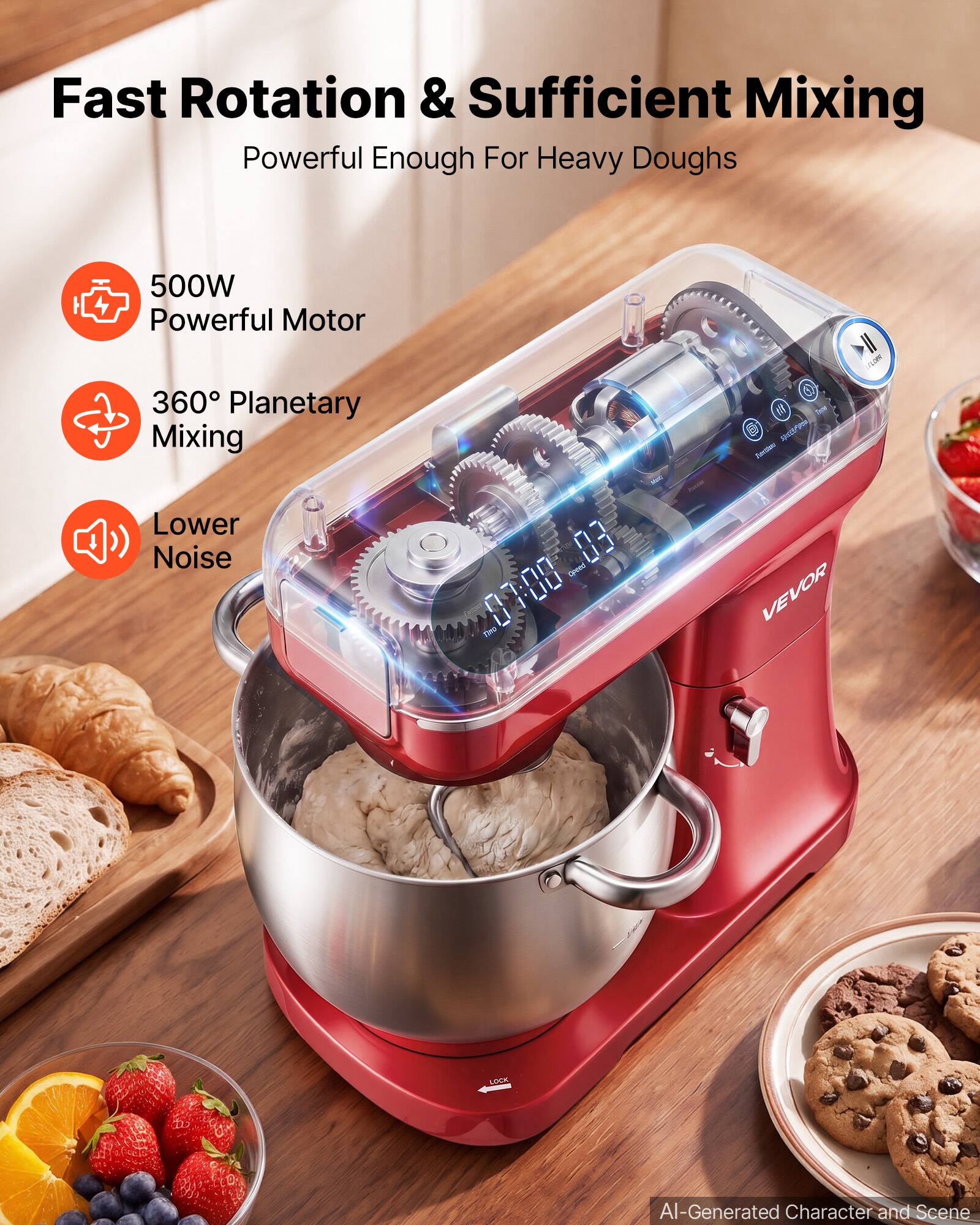 Fast Rotation & Sufficient Mixing  
Powerful Enough For Heavy Doughs

500W Powerful Motor  
360° Planetary Mixing  
Lower Noise

03 00:00

VEVOR

AI-Generated Character and Scene