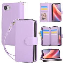 Dteck - Crossbody Wallet Case for Apple iPhone 17e, Shockproof Zipper Pocket PU Leather Folio Cover with 9 Card Slots - Purple