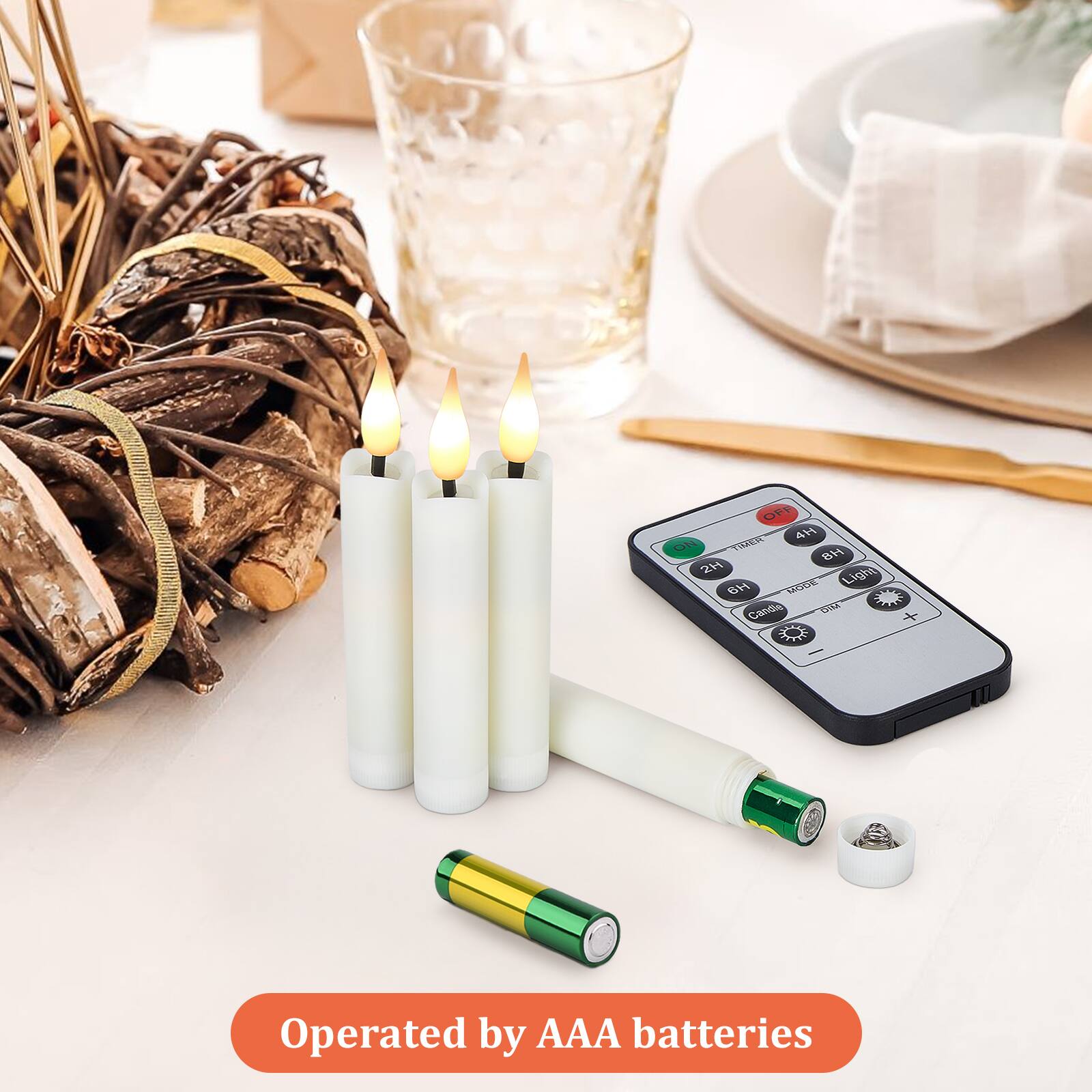 OFF 4H ON TIMER 8H 2H Light MODE Candle DIM

Operated by AAA batteries