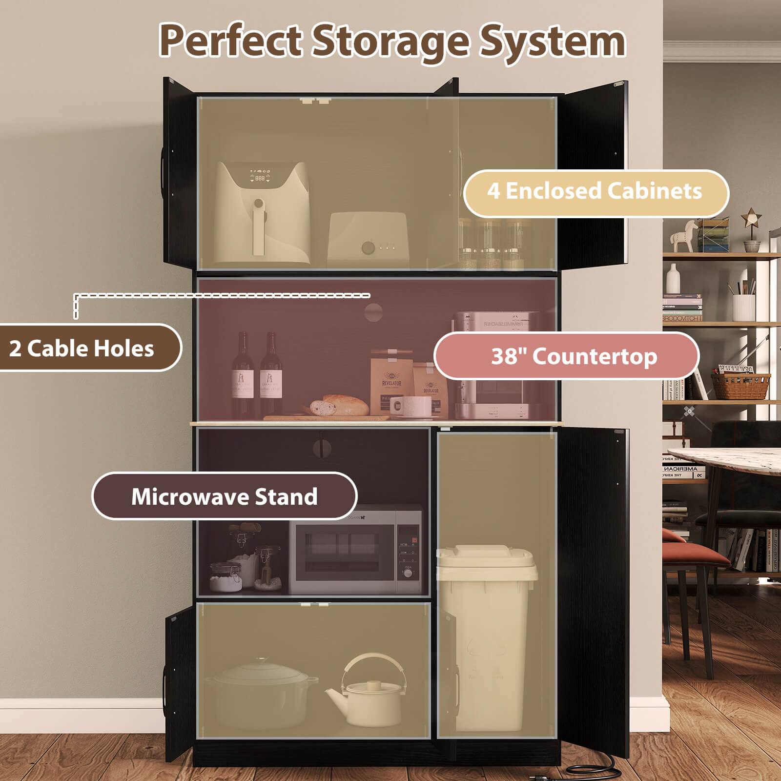Perfect Storage System

- 4 Enclosed Cabinets
- 2 Cable Holes
- 38" Countertop
- Microwave Stand