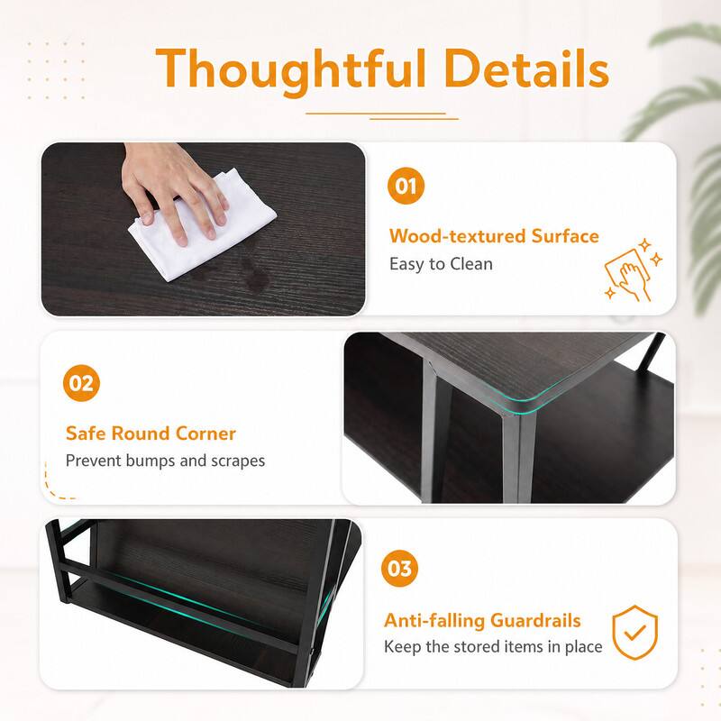 Thoughtful Details
01
Wood-textured Surface Easy to Clean
02
Safe Round Corner Prevent bumps and scrapes
03
Anti-falling Guardrails Keep the stored items in place
