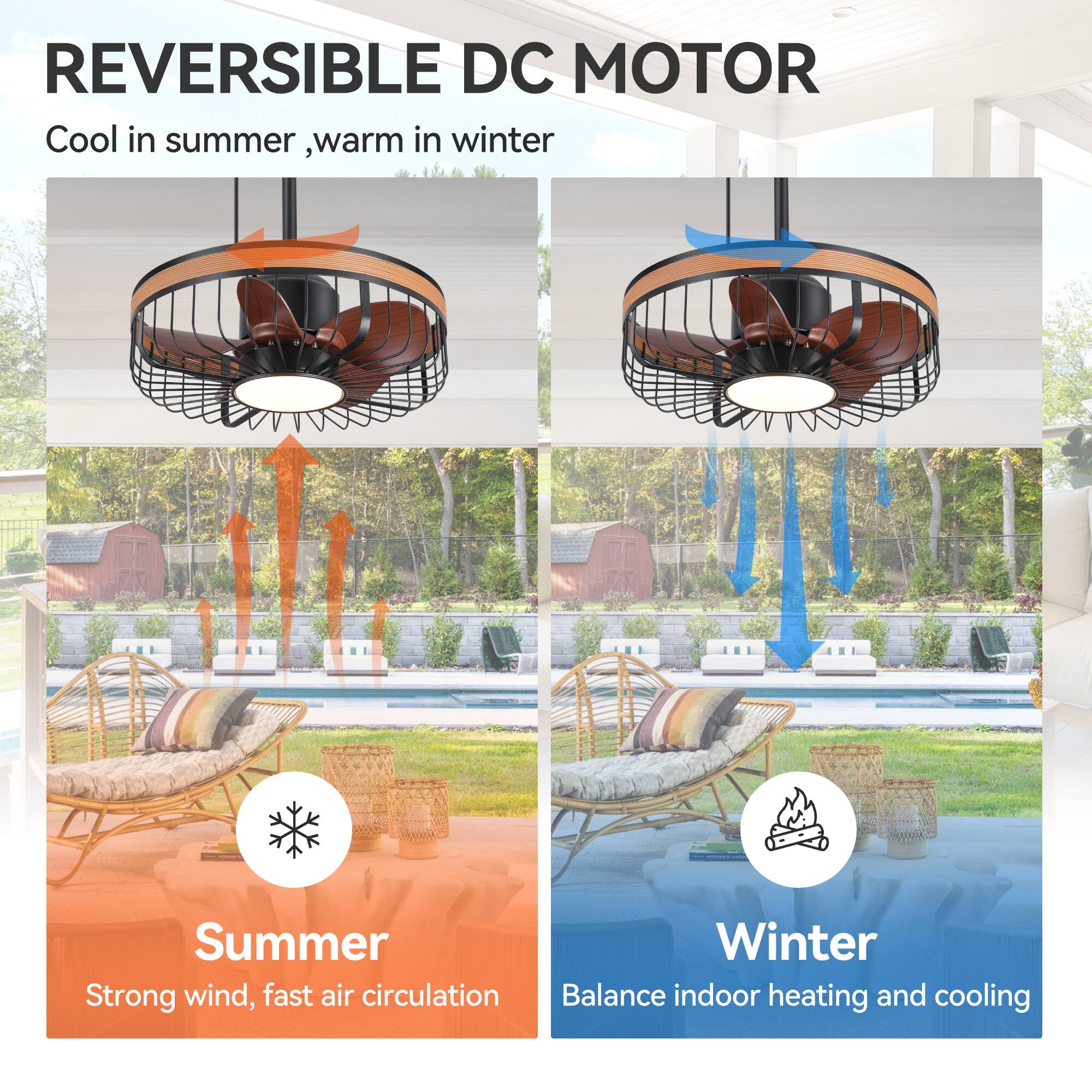 REVERSIBLE DC MOTOR  
Cool in summer, warm in winter  

Summer  
Strong wind, fast air circulation  

Winter  
Balance indoor heating and cooling