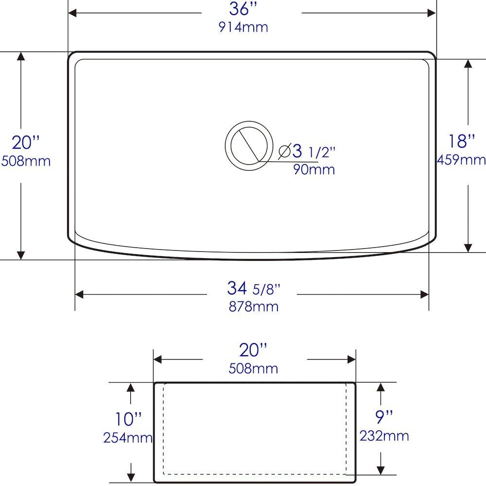 36" 914mm  
20" 508mm  
Ø 3 1/2" 90mm  
18" 459mm  
34 5/8" 878mm  
20" 508mm  
10" 254mm  
9" 232mm
