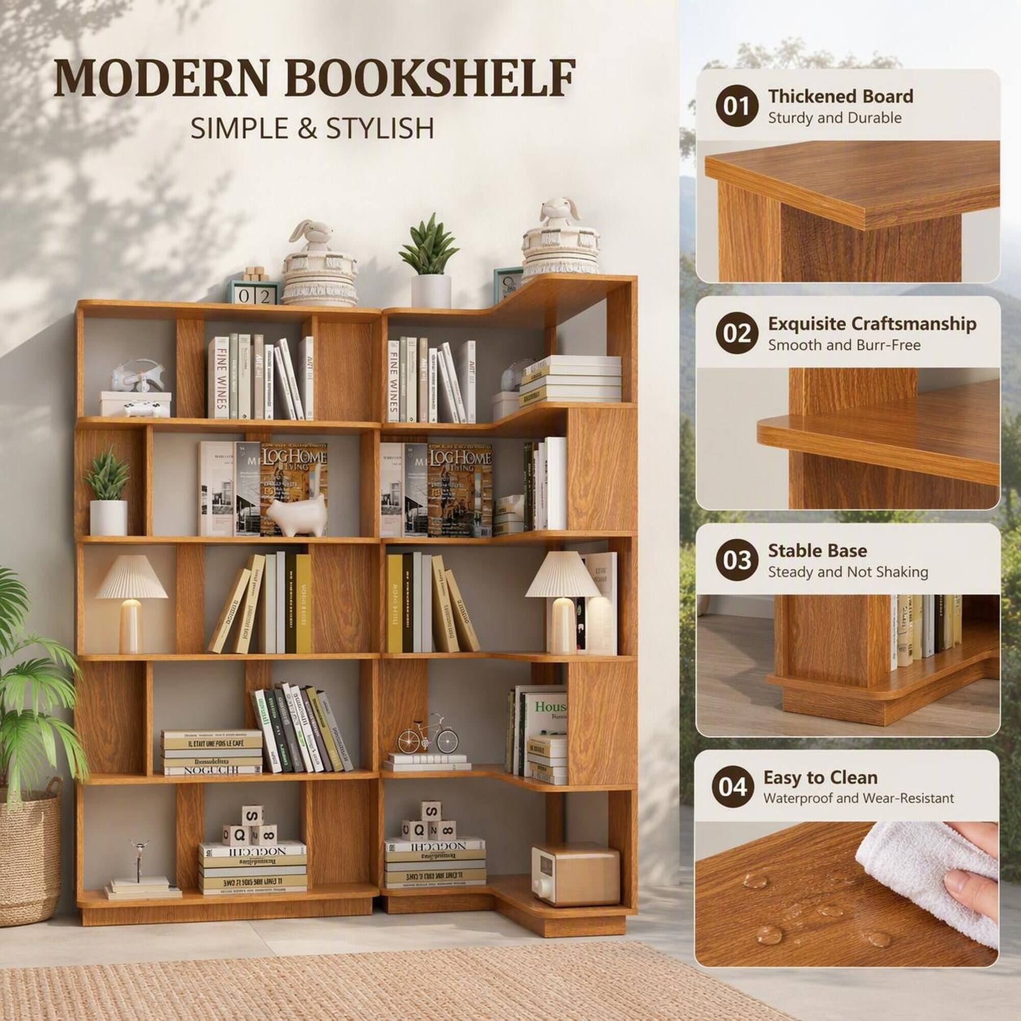MODERN BOOKSHELF SIMPLE & STYLISH

Thickened Board 01 Sturdy and Durable

FINE WINES
02 M LOGHOME DING
FINE WINES
M LOGHOME

02 Exquisite Craftsmanship Smooth and Burr-Free

Stable Base 03 Steady and Not Shaking

Easy to Clean 04 Waterproof and Wear-Resistant