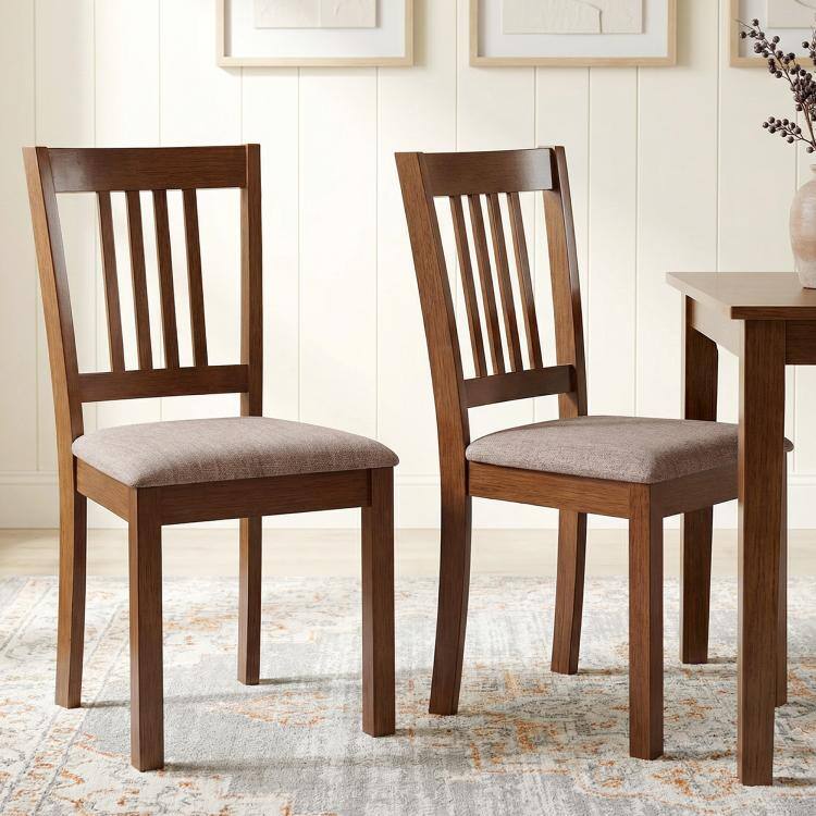 Alt View 1. PULUZ - Dining Chairs Set of 2, Upholstered Kitchen Chairs with Rubberwood Frame, Padded Seat and Slat-Back for Kitchen - Walnut Frame and Taupe Upholstery.