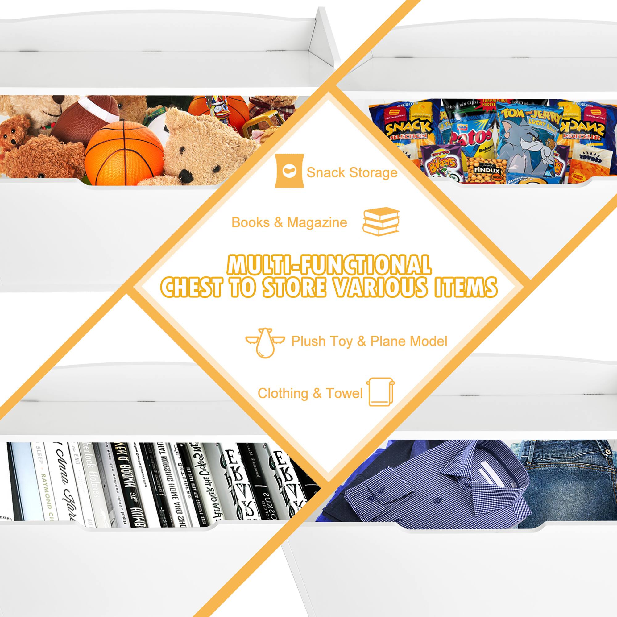 MULTI-FUNCTIONAL CHEST TO STORE VARIOUS ITEMS

- Snack Storage
- Books & Magazine
- Plush Toy & Plane Model
- Clothing & Towel