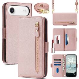 Dteck - For Apple iPhone Air Shockproof Leather Zipper Flip Wallet Case With Mirror and Crossbody Strap - Rosegold