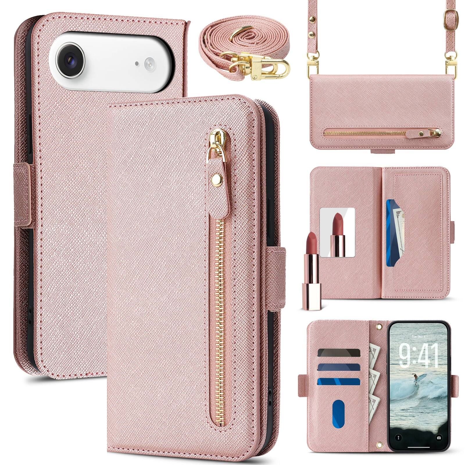 Front. Dteck - For Apple iPhone Air Shockproof Leather Zipper Flip Wallet Case With Mirror and Crossbody Strap - Rosegold.
