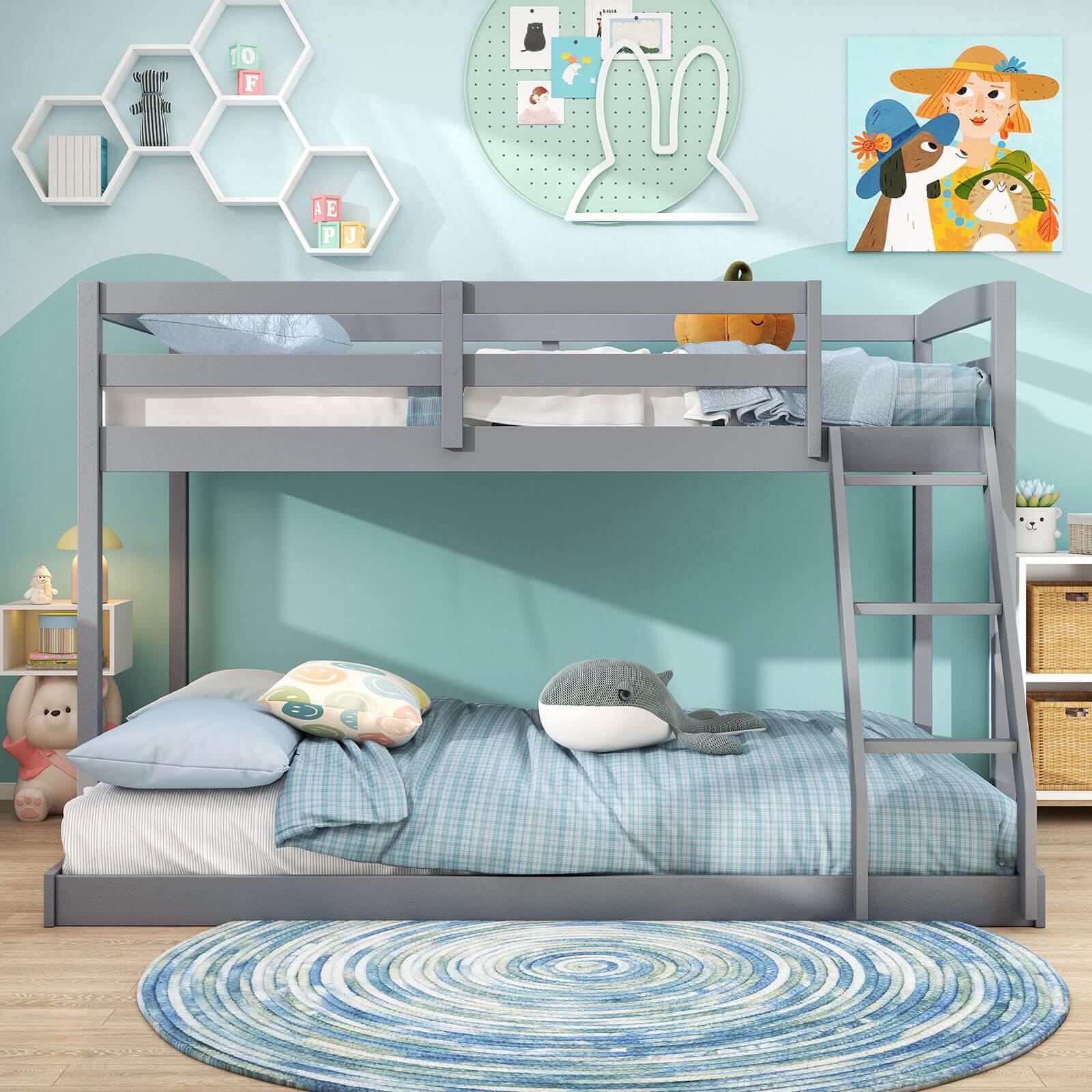 Alt View 4. Costway - Costway Twin Over Full Bunk Bed with Integrated Ladder & Safety Guardrails Solid Wood - Gray.