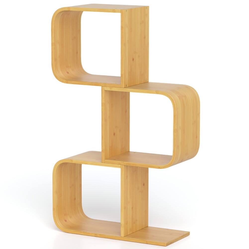 Angle. Pefilos - 3-Tier S-Shaped Bookcase with 3 Open Cubes, Book Shelf for Living Room, Natural - Brown.