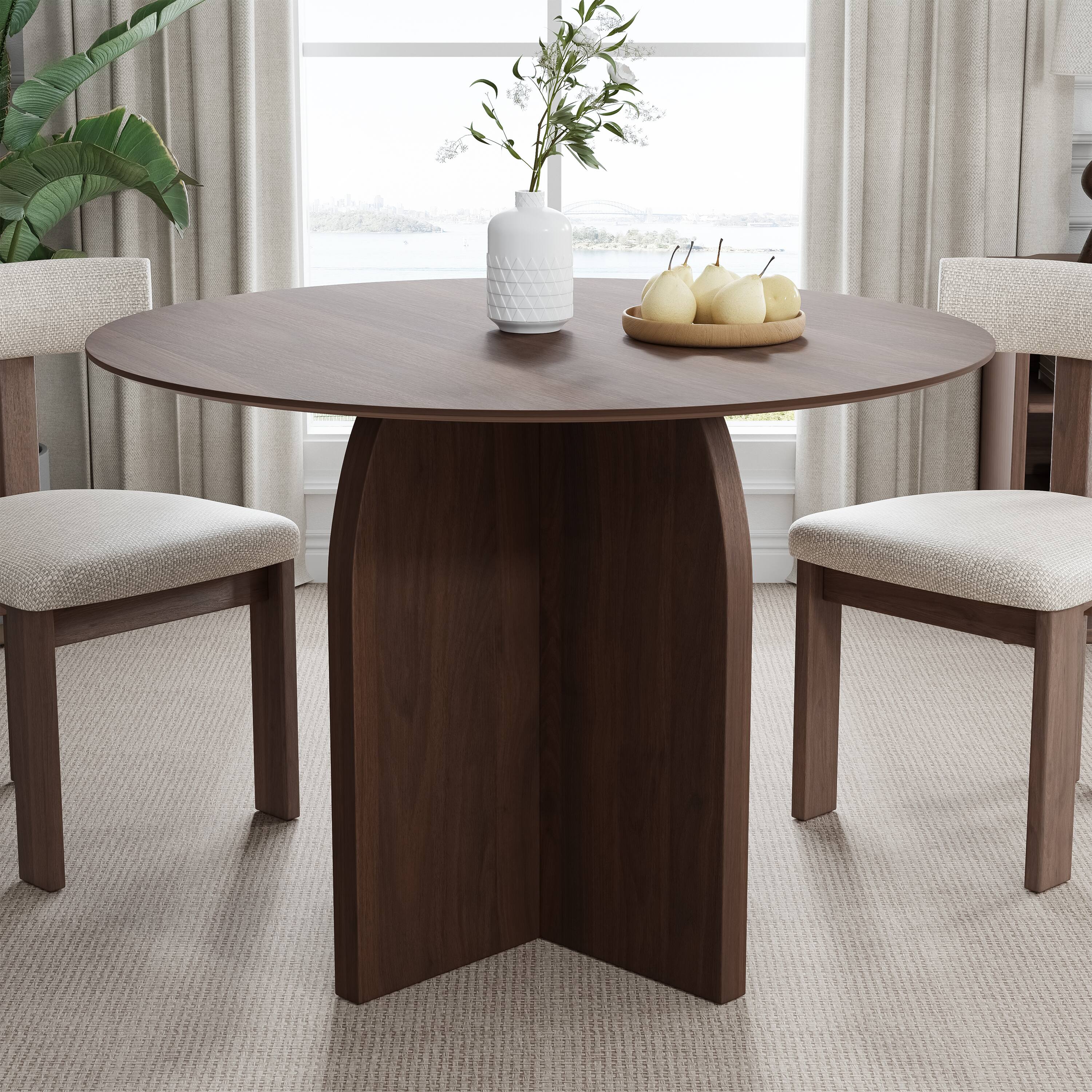 Lirago - 42in. Arched Leg Round Dining Table Walnut Finish Solid Wood Timeless Style,Seats 6 People - Brown