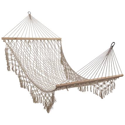 Front. Northlight - Lattice Macrame Rope Hammock with Wooden Bars - 74" x 59" - Cream - White.