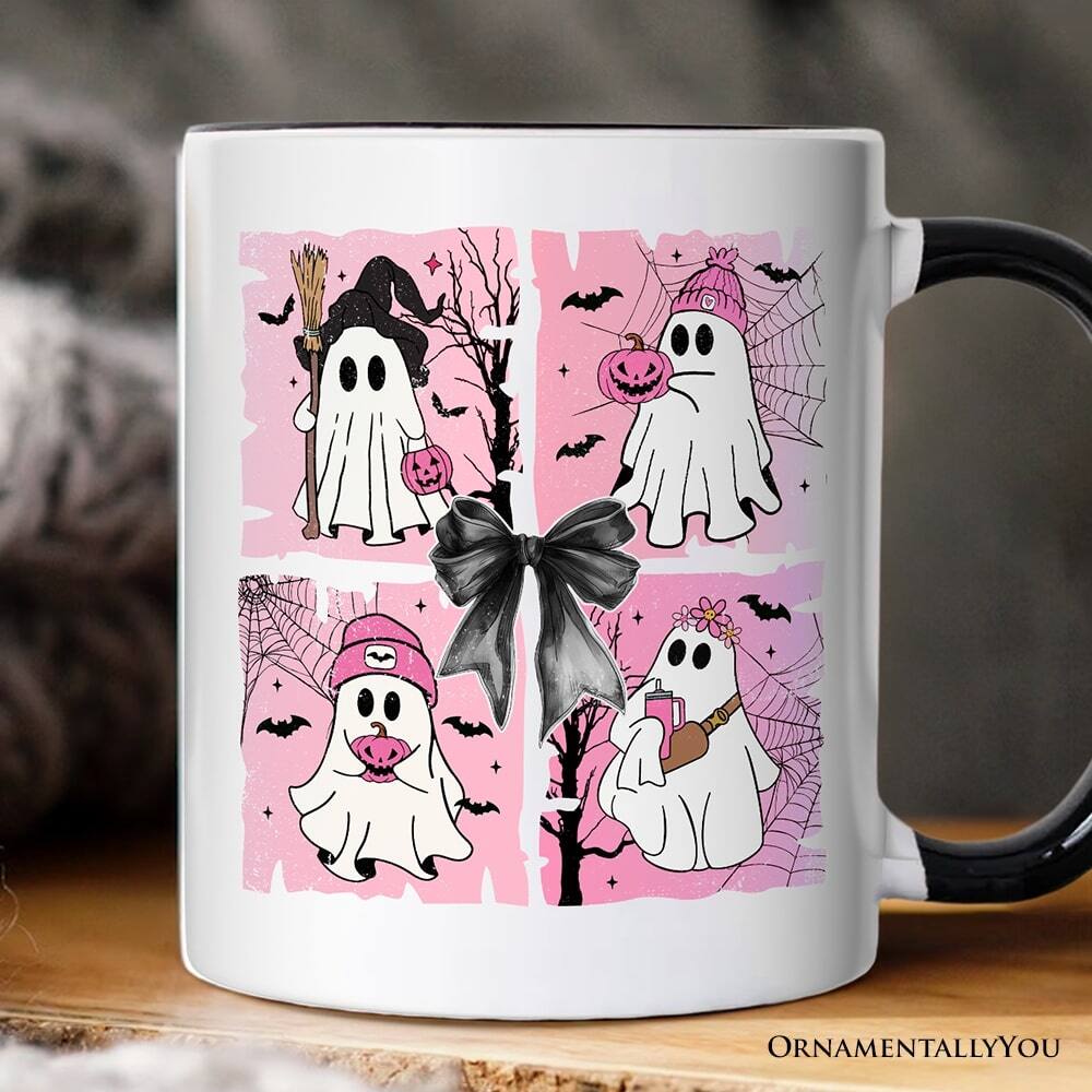 Back. OrnamentallyYou - Pink Halloween Ghost Mug, Coquette Spooky Season Gift - White.