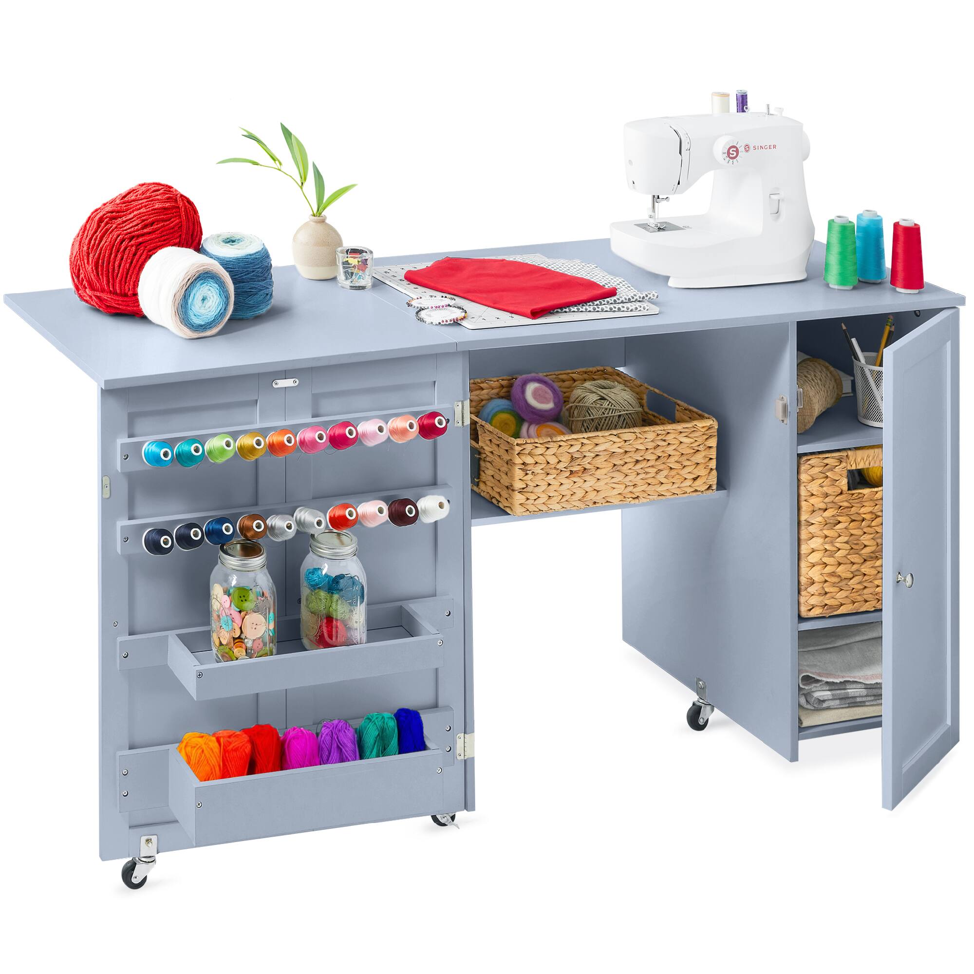 Best Choice Products - Large Portable Multipurpose Folding Sewing Table w/ Magnetic Doors, Craft Storage - Light Blue