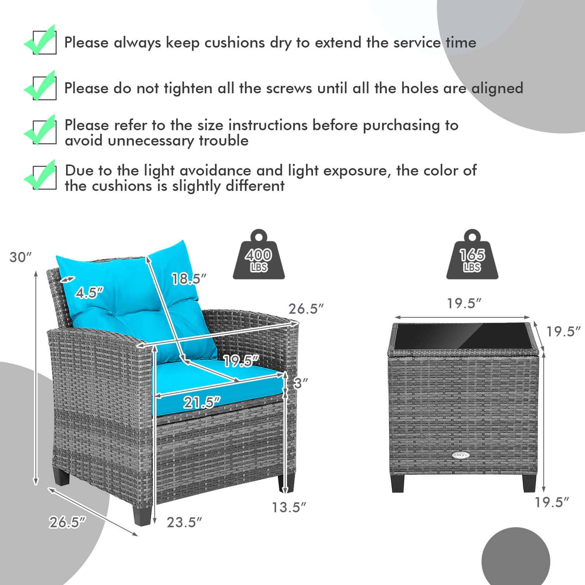 Please always keep cushions dry to extend the service time

Please do not tighten all the screws until all the holes are aligned

Please refer to the size instructions before purchasing to avoid unnecessary trouble

Due to the light avoidance and light exposure, the color of the cushions is slightly different

30"

4.5"

18.5"

400 LBS

26.5"

165 LBS

19.5"

19.5"

19.5"

21.5"

3"

26.5"

23.5"

13.5"