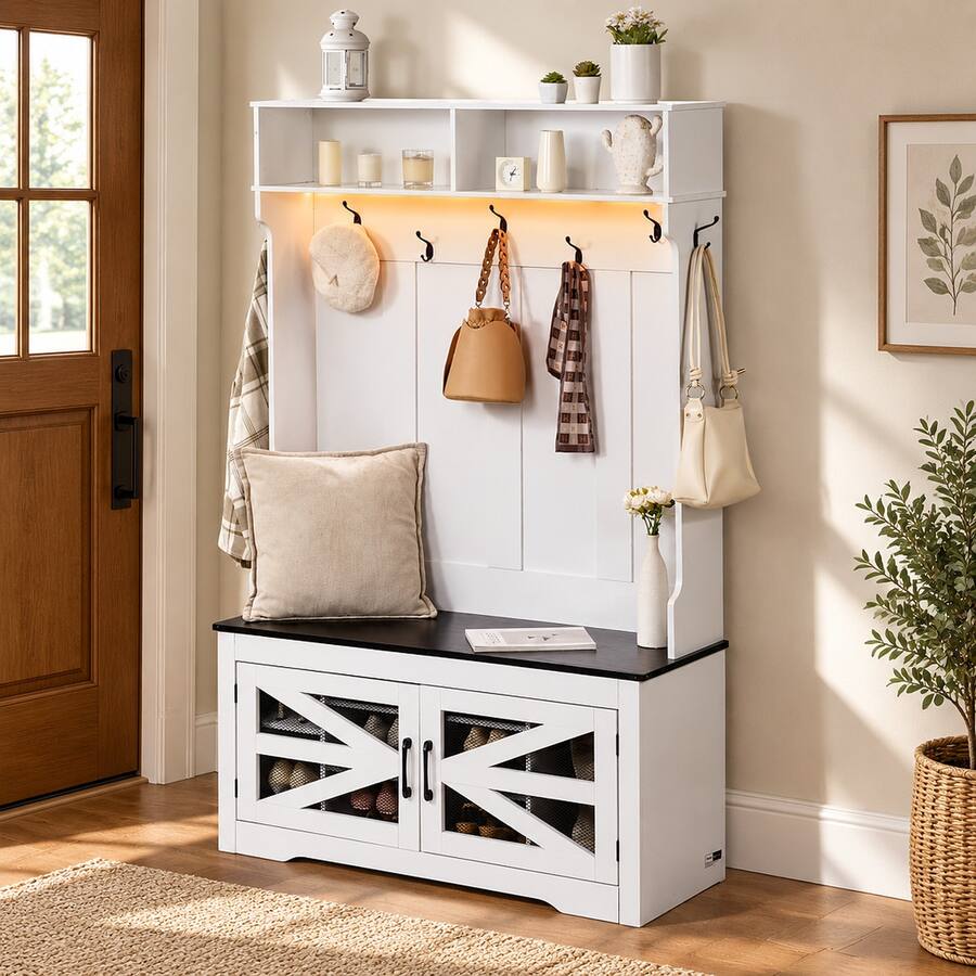 White Entry Bench RYHNUYNE 42 in Hall Tree Entryway Bench, Coat Rack with Shoe Storage ...