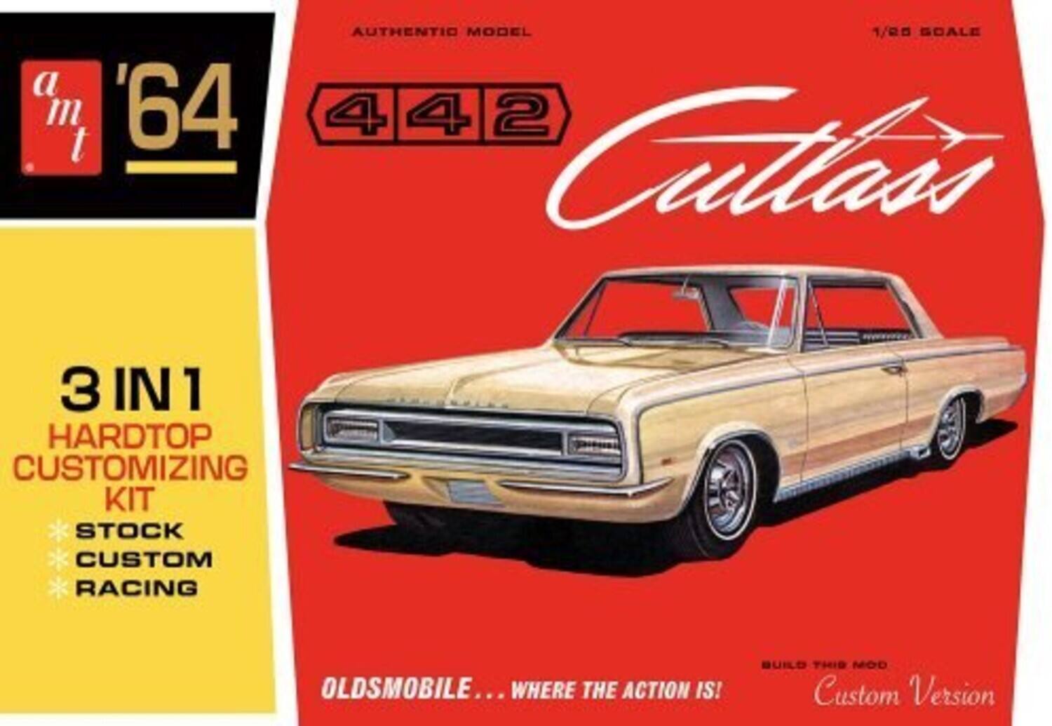 AUTHENTIC MODEL  
1/20 SCALE  
'64  
442  
CUTLASS  

3 IN 1  
HARDTOP CUSTOMIZING KIT  
* STOCK  
* CUSTOM  
* RACING  

OLDSMOBILE... WHERE THE ACTION IS!  
BUILD THIS MOD Custom Version