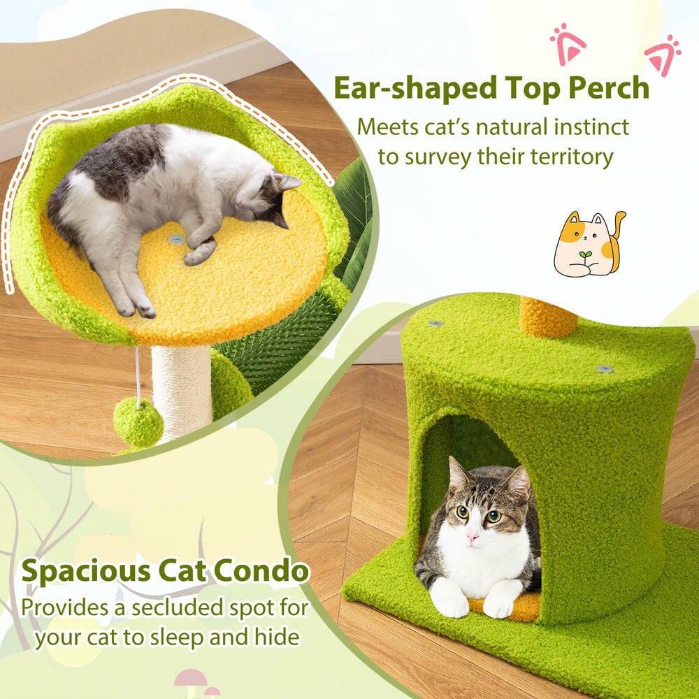 Ear-shaped Top Perch  
Meets cat's natural instinct to survey their territory  

Spacious Cat Condo  
Provides a secluded spot for your cat to sleep and hide