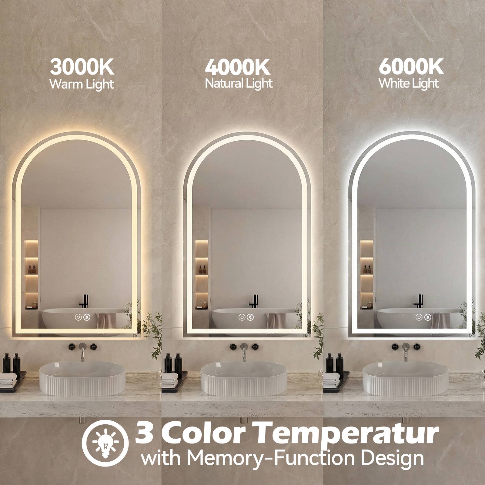 3000K Warm Light  
4000K Natural Light  
6000K White Light  

3 Color Temperatur with Memory-Function Design