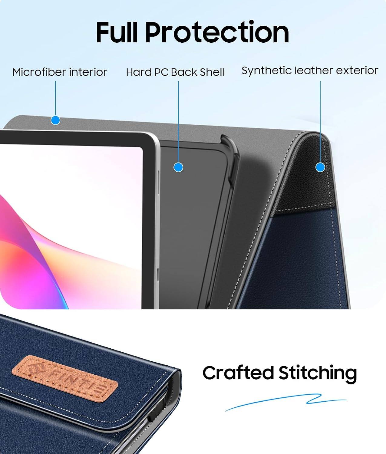 Full Protection  
Microfiber interior  
Hard PC Back Shell  
Synthetic leather exterior  

FINTIE  

Crafted Stitching