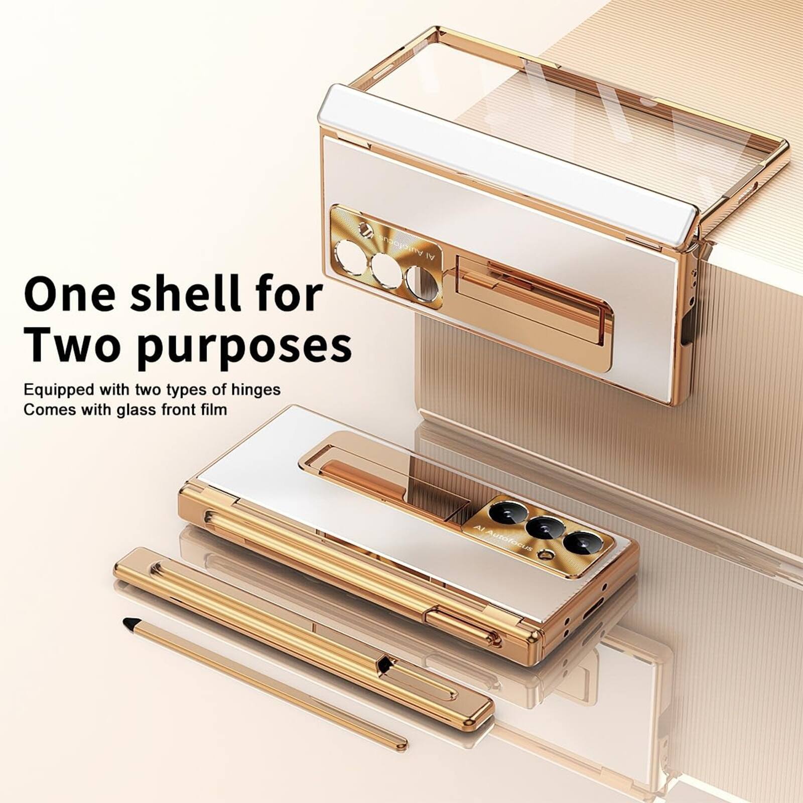 One shell for Two purposes  
Equipped with two types of hinges  
Comes with glass front film