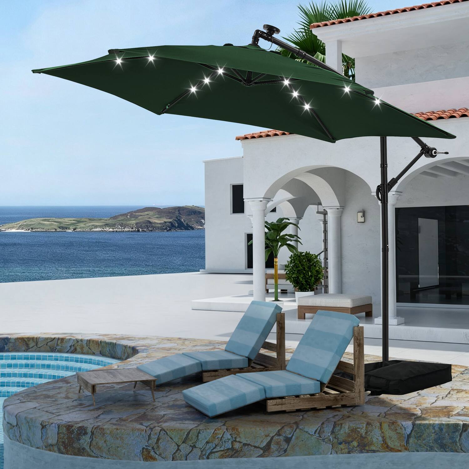 Left. Ainfox - Ainfox 10FT Outdoor Patio Cantilever Umbrella Hanging Offset with Cross Base  Sand Bags & 24 LED Solar Lights - Green.