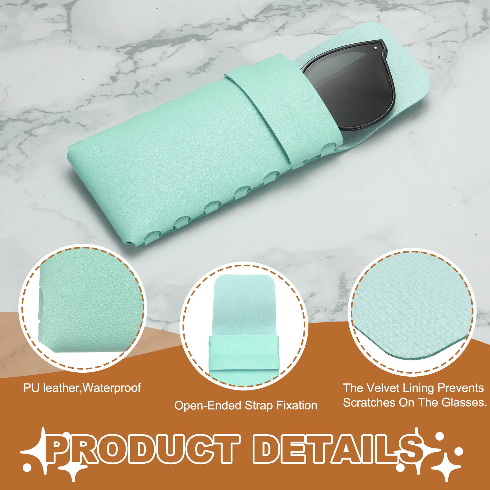 PU leather, Waterproof. The Velvet Lining Prevents Scratches On The Glasses. PRODUCT DETAILS

- PU leather, Waterproof
- Open-Ended Strap Fixation
- The Velvet Lining Prevents Scratches On The Glasses