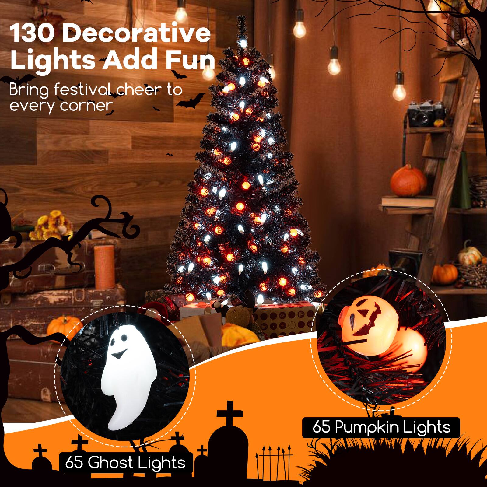 130 Decorative Lights Add Fun  
Bring festival cheer to every corner  
+ 65 Pumpkin Lights  
+ 65 Ghost Lights