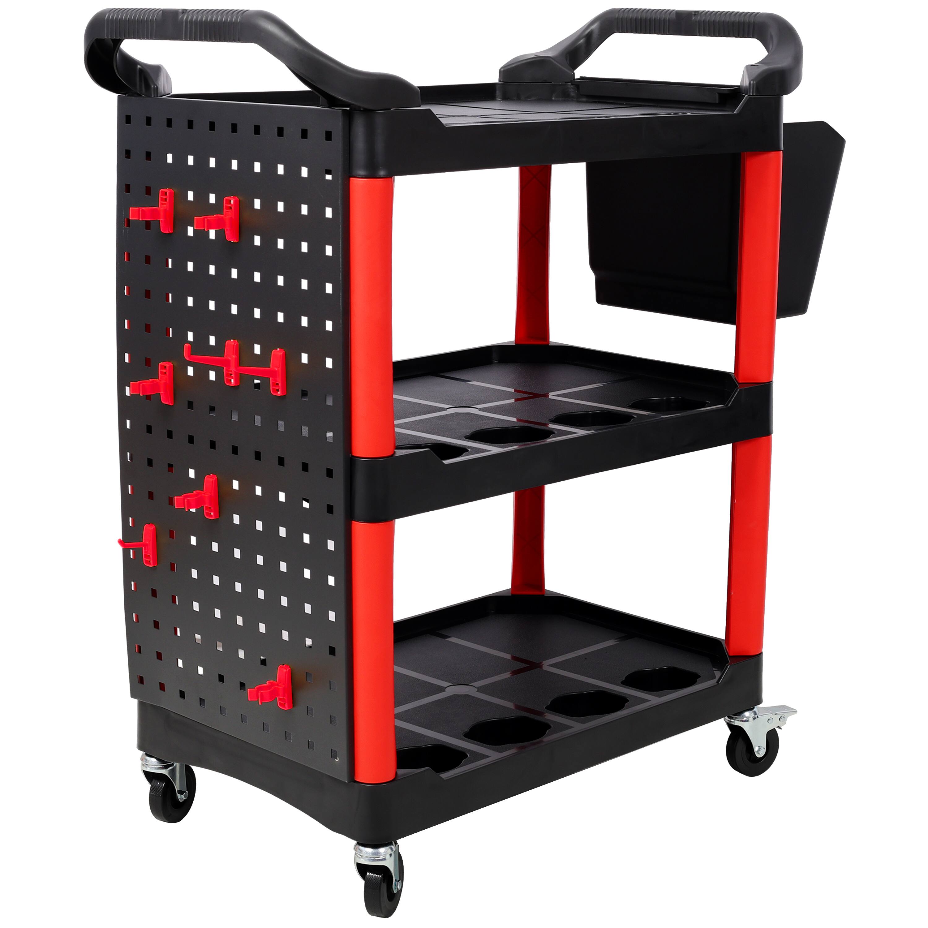 Back. ELEMENT ACE - 3-Tier Rolling Auto Detailing Cart with Wheels, Bucket, Panel & Hooks - Garage, Workshop, Repair Shop Tool Storage - Black+Red.