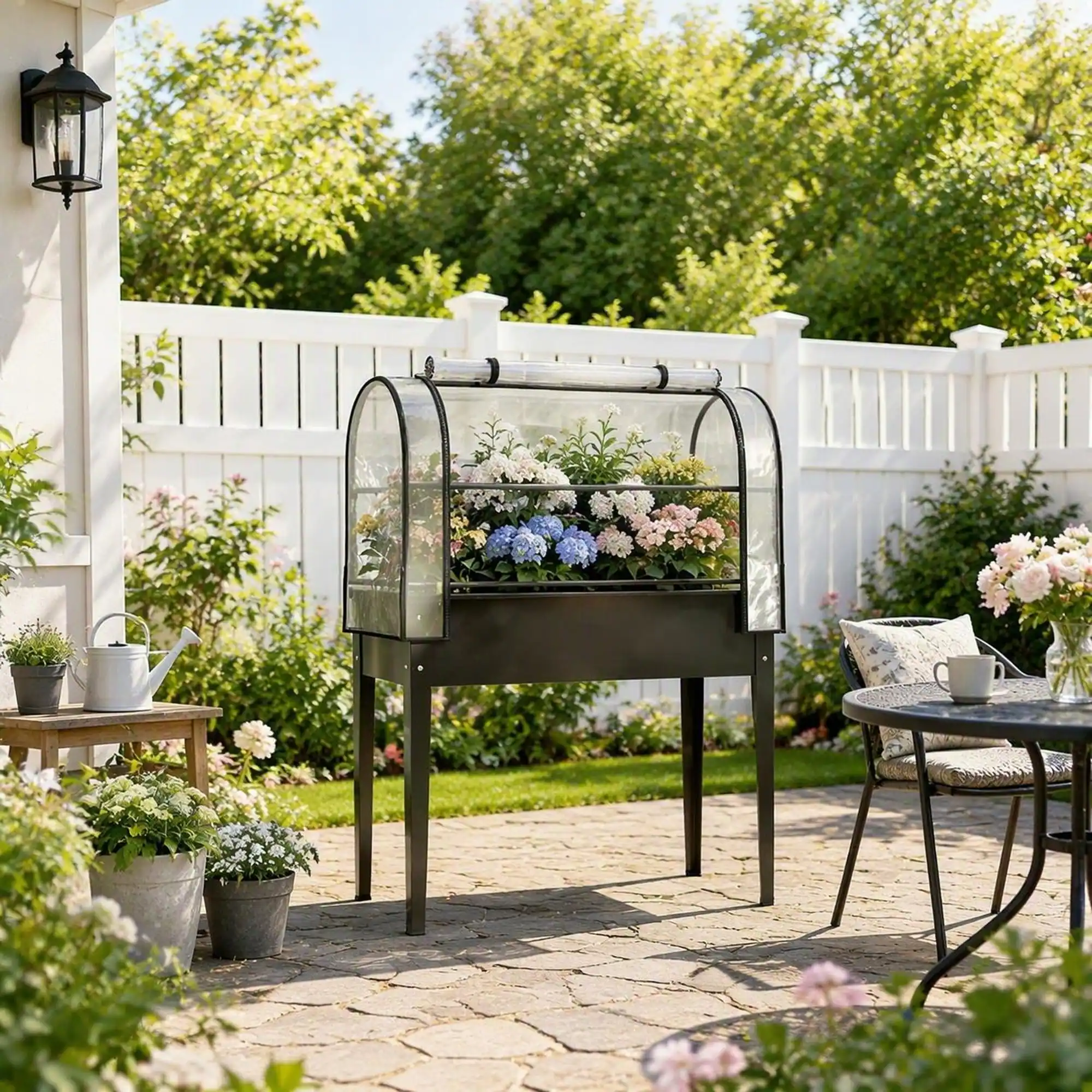 Back. RYHNUYNE - Raised Garden Bed with Mini Greenhouse Cover, 39.4x19.3x53.5 Inch Elevated Planter Box on Legs, 26 Gallon Metal - Black.