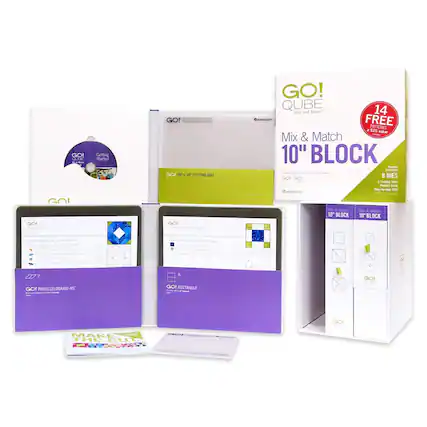 GO! QUBE - just add fabric! GO! 10" CUTTING MAT GO! QUBE 14 FREE PATTERNS $25 value Mix & Match 10" BLOCK 8 DIES Step-by-Step DVD GO! GO! Unetunn Pattern Mix & Match 10 BLOCK Mix & Match 10 BLOCK GO! GO! PARALLELOGRAM 45 GO! RECTANGLE GO! MAKE THE CUT THE P4XY