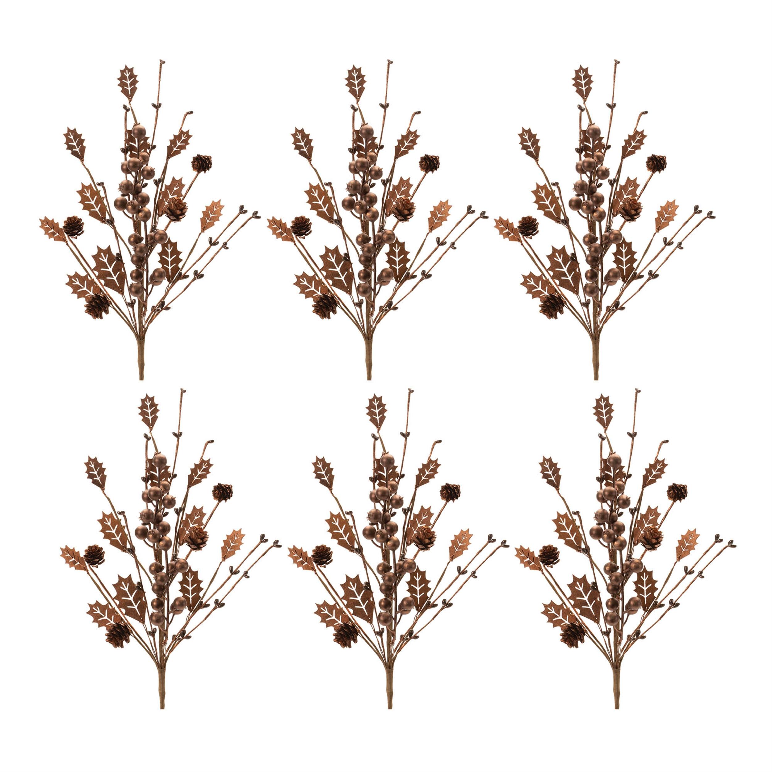 Left. BreeBe - Mixed Holly Berry Pinecone Spray (Set of 6) - Brown.