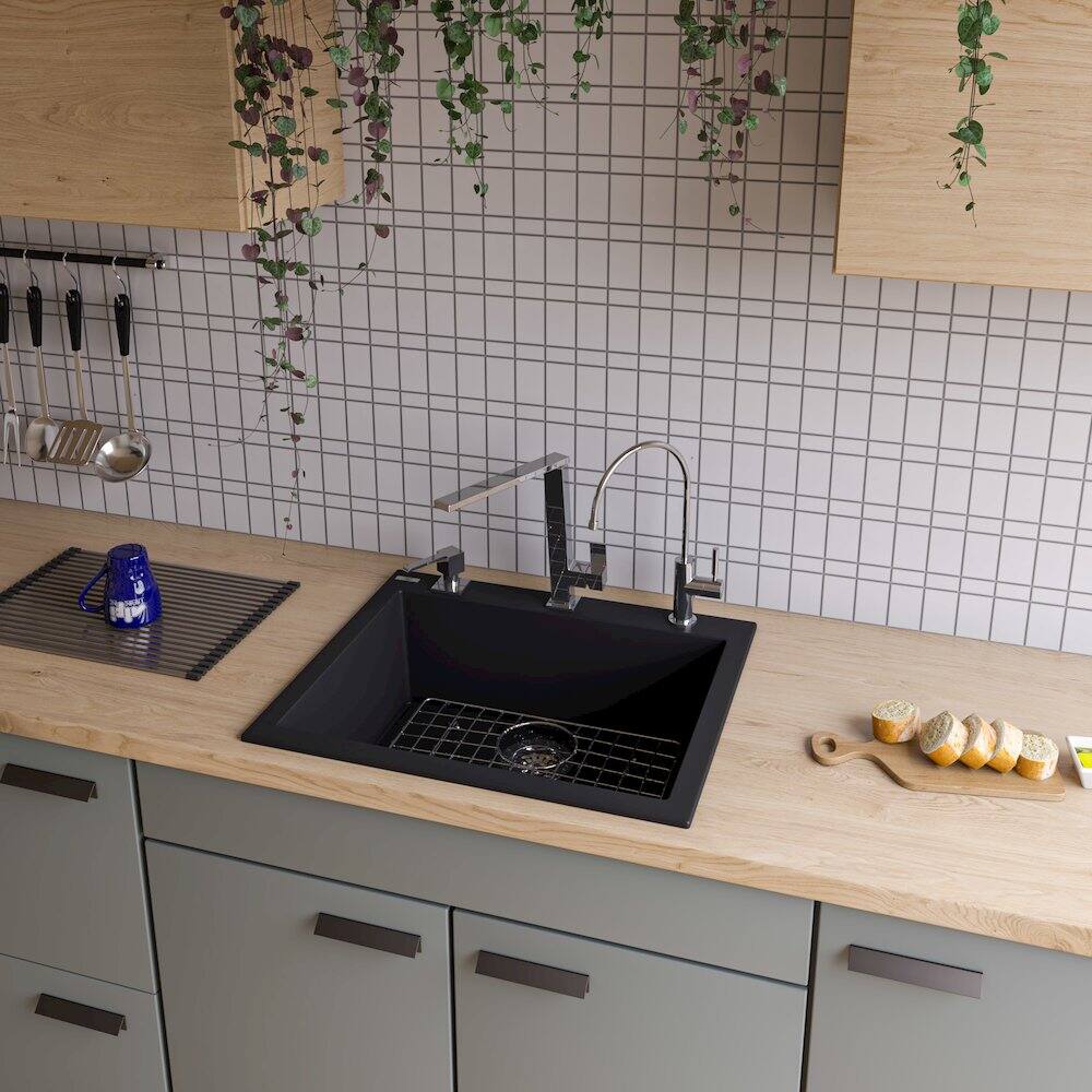 Alt View 3. Alfi - ALFI brand Black 24 Drop-In Single Bowl Granite Composite Kitchen Sink - Black.