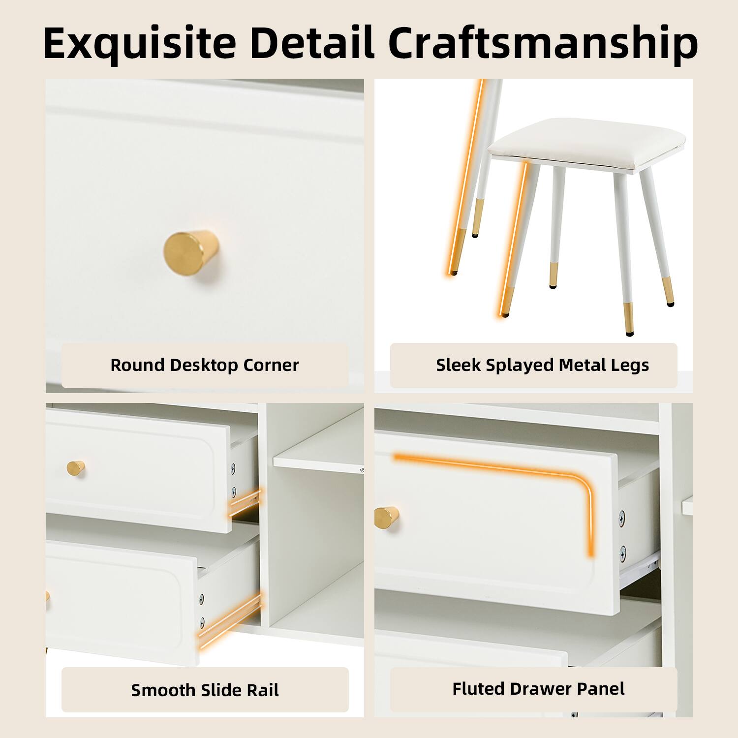 Exquisite Detail Craftsmanship

- Round Desktop Corner
- Sleek Splayed Metal Legs
- Smooth Slide Rail
- Fluted Drawer Panel