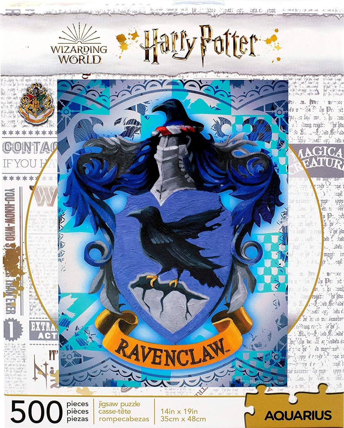 Sure, here is the corrected and grouped text from the image:

---

**WIZARDING WORLD**

**Harry Potter**

**RAVENCLAW**

**500 pieces**

**jigsaw puzzle**

**casse-tête**

**rompecabezas**

**14in x 19in**

**35cm x 48cm**

**AQUARIUS**

**CONTACT IF YOU HAVE YOU-KNOW-WHO**

**MAGICAL CREATURES**

**EXTRA ACT**

**NEVER**

**1**

---

This text is organized to reflect the layout and content of the image.