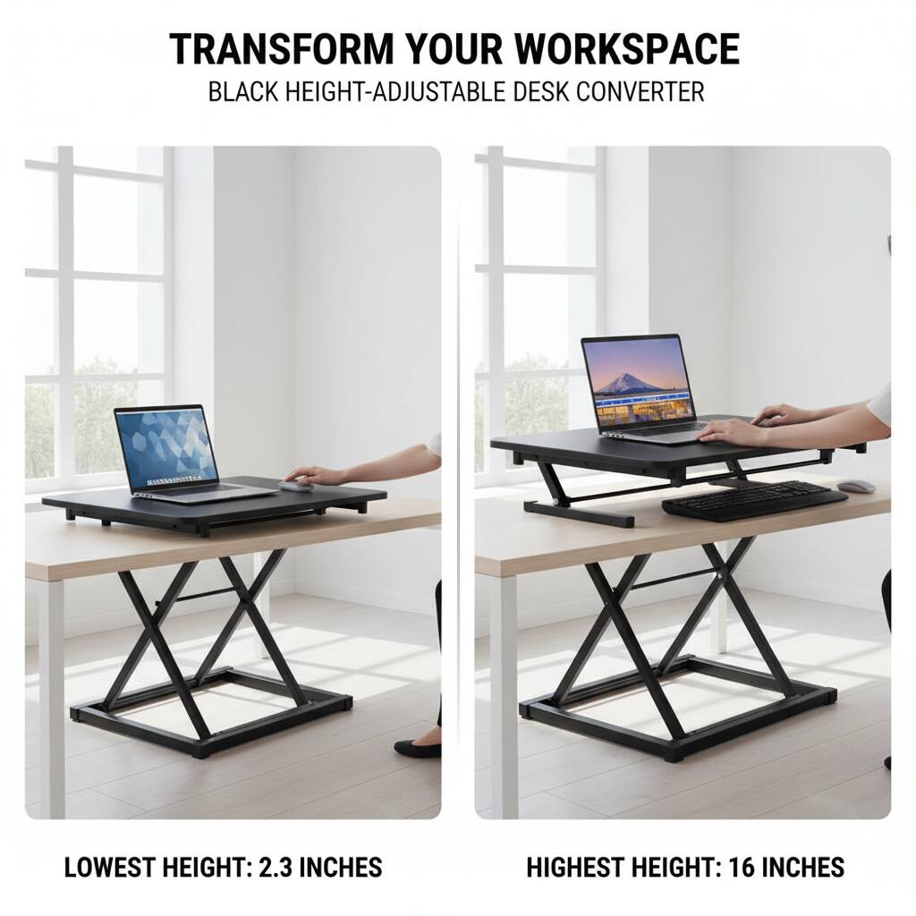 TRANSFORM YOUR WORKSPACE  
BLACK HEIGHT-ADJUSTABLE DESK CONVERTER  

LOWEST HEIGHT: 2.3 INCHES  
HIGHEST HEIGHT: 16 INCHES