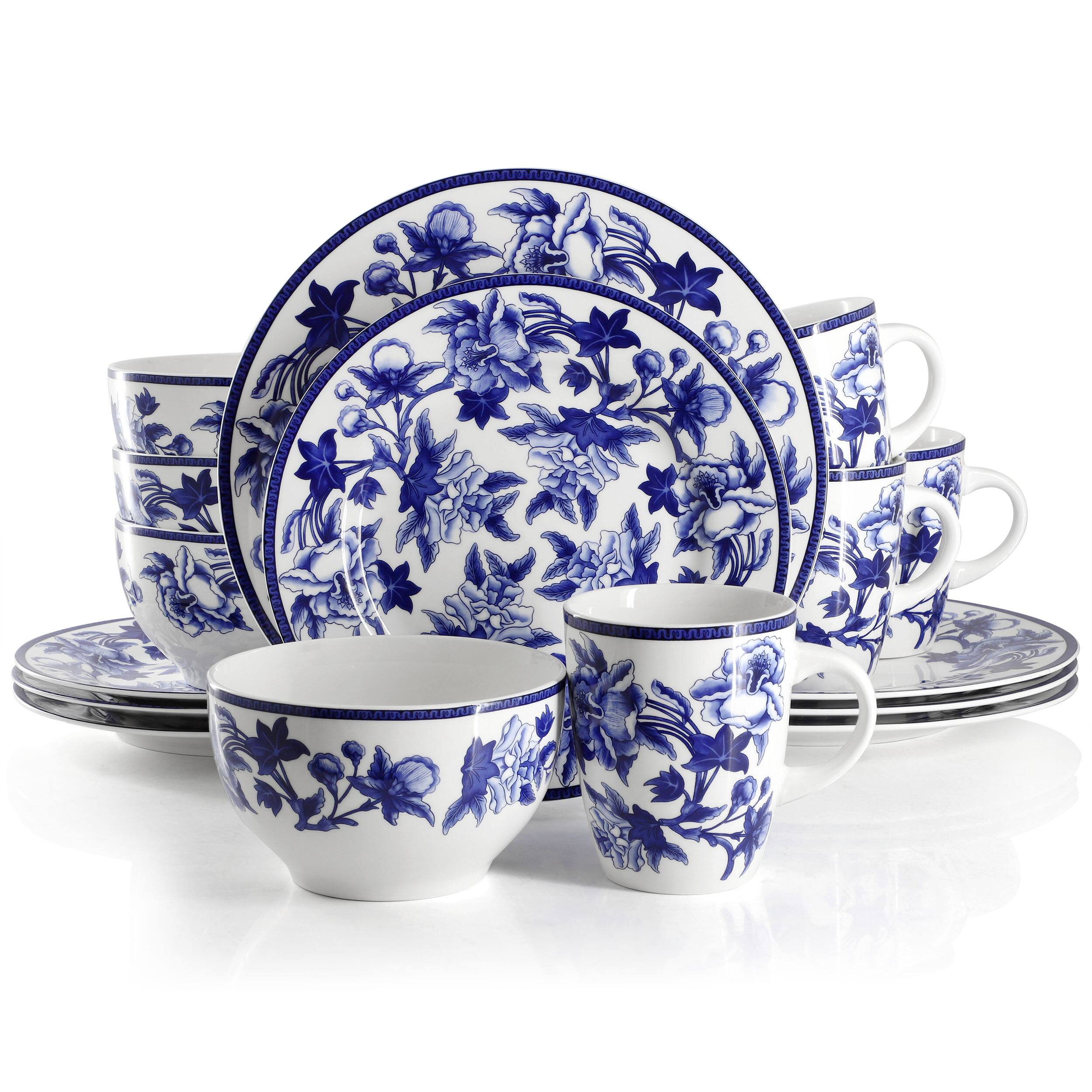 Alt View 9. Elama - Elama Cattleya Orchid 16 Piece Round Porcelain Dinnerware Set in Blue and White - Blue and White.