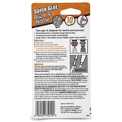**SUPER GLUE Brush & Nozzle**

**Two ways to dispense for control and accuracy!**
- Fine bristle brush for controlled coverage with less mess
- Precision tip nozzle for quick, easy dispensing

**Bonds:**
- Plastic
- Wood
- Metal
- Ceramic
- Rubber
- Leather
- Paper and More!

**DIRECTIONS:**
1. Clean and dry all surfaces to be bonded.
2. Apply a thin, even coat of glue to one surface.
3. Apply a thin, even coat of glue to the other surface.
4. Press together firmly and hold for 10-45 seconds.
5. Excess glue can be wiped off with a damp cloth.

**CAUTION:**
- Keep away from children.
- Do not use on polyethylene or polypropylene plastic.
- Not recommended for use on polyethylene or polypropylene plastic.

**WARNING:**
- Keep out of reach of children.
- Avoid contact with skin and eyes.
- If contact occurs, wash thoroughly with soap and water.
- If irritation persists, seek medical attention.

**DIRECTIONS FOR USE:**
- Shake well before use.
- Apply a thin, even coat of glue to one surface.
- Apply