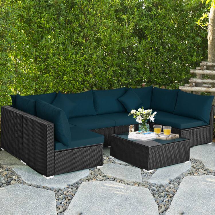 Alt View 1. Mondawe - 7-Piece Sectional Wicker Sofa Set w/ Tempered Glass Table, Outdoor Patio Conversation Set with Cushions - Dark Green.