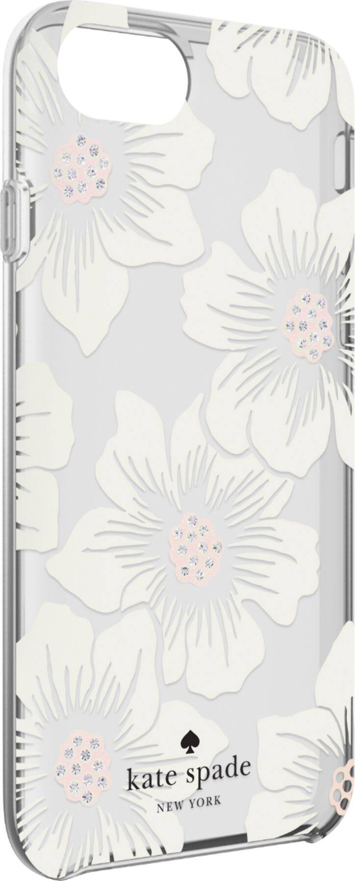 Angle. kate spade new york - Protective Hardshell Case for Apple® iPhone® SE (3rd Generation) and iPhone® 8/7/6/6s - Hollyhock Floral Clear/Cream with Stones.