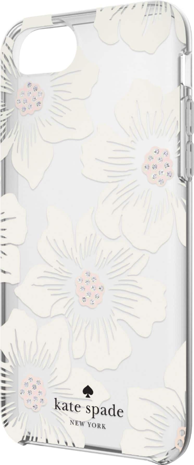 Left. kate spade new york - Protective Hardshell Case for Apple® iPhone® SE (3rd Generation) and iPhone® 8/7/6/6s - Hollyhock Floral Clear/Cream with Stones.