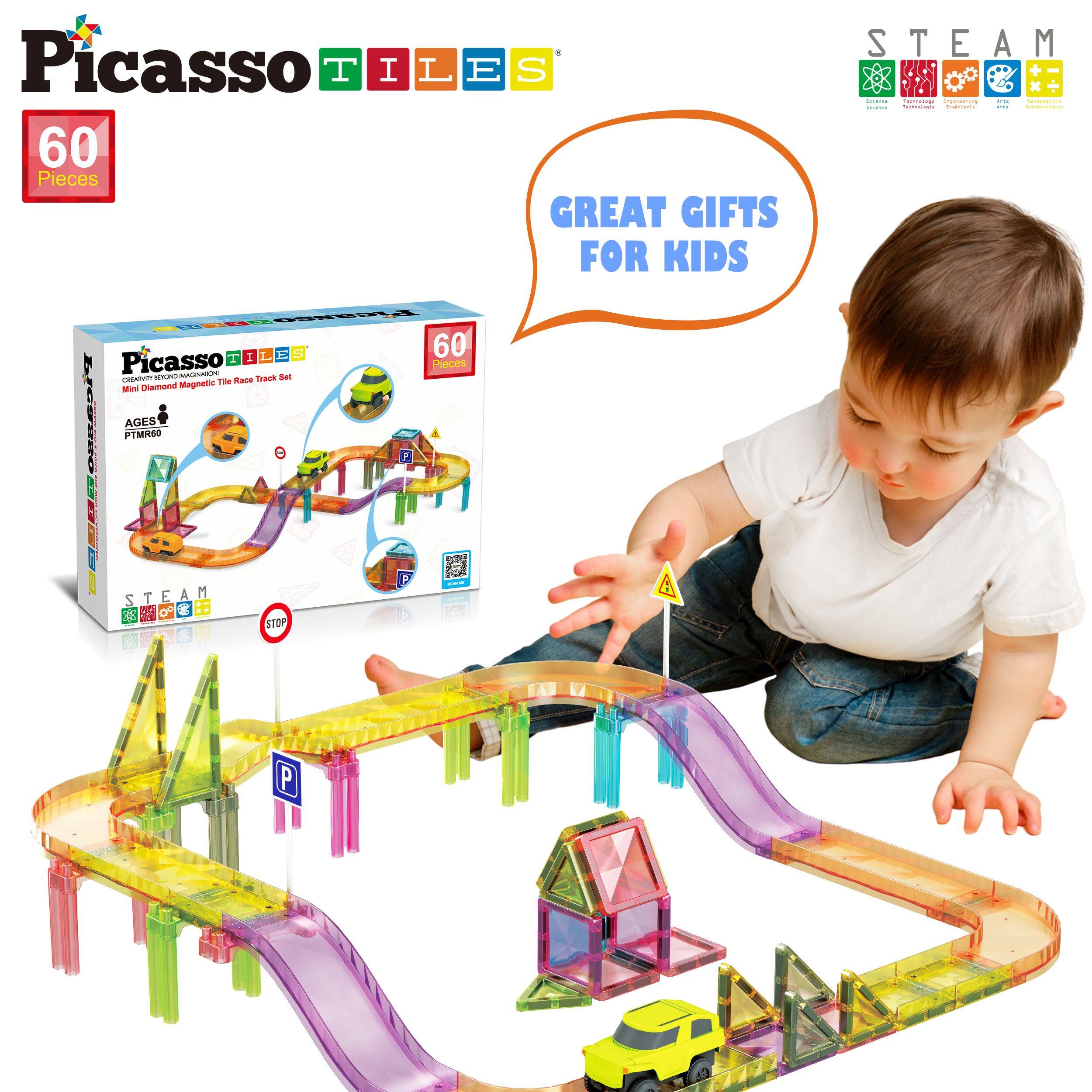 Picasso TILES 60 Pieces GREAT GIFTS FOR KIDS STEAM - Picasso Tiles Magnetic Track Set - Picasso Tiles - AGES 60 Pieces - STEAM - STOP - P