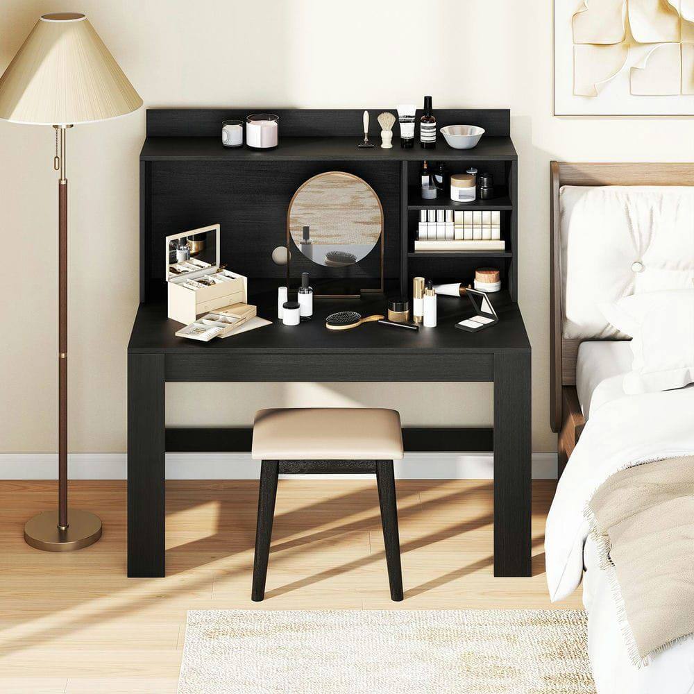 Alt View 2. Kadyn - Modern Computer Desk - Hutch & Storage Shelves, Black - Black.