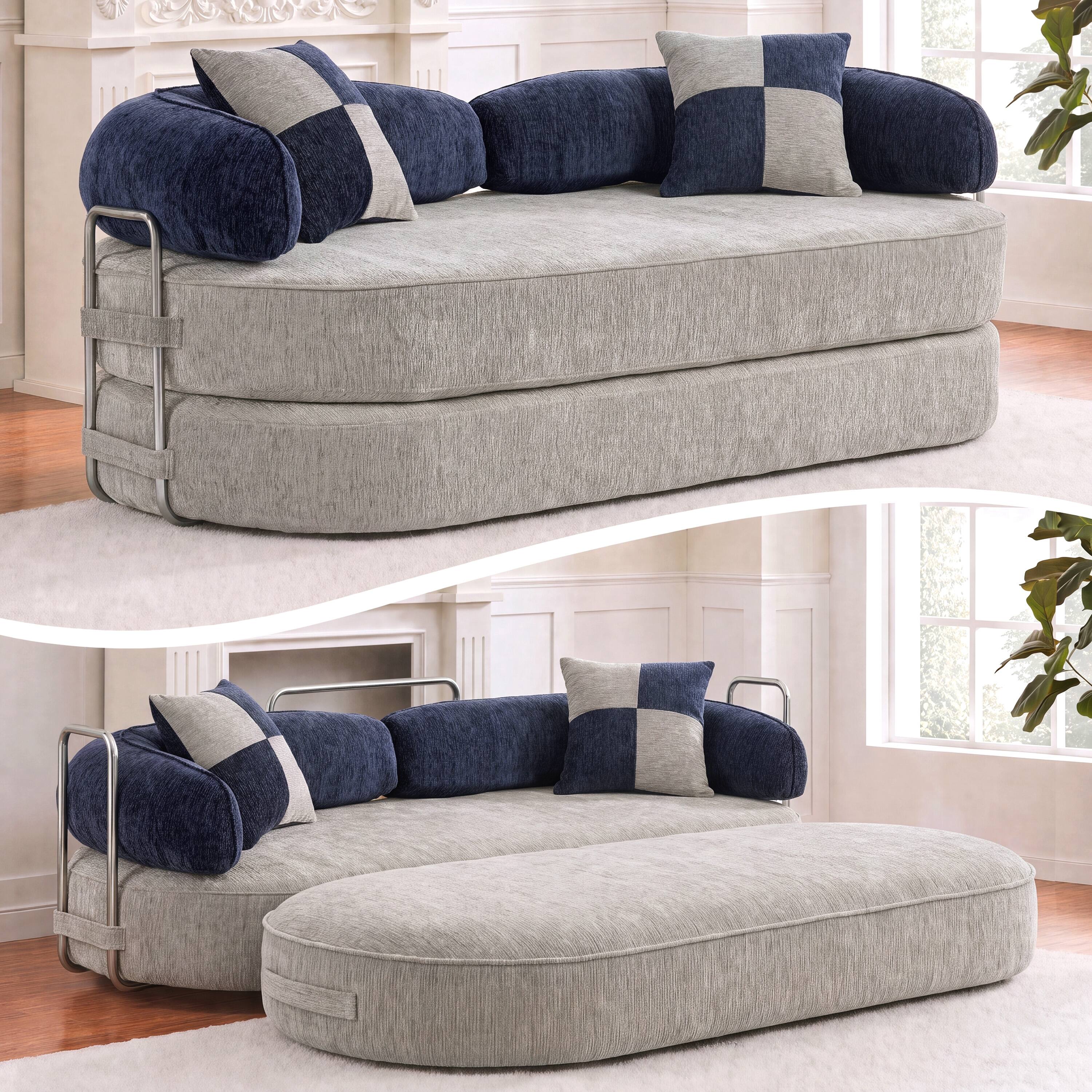 Alt View 6. Vipbear - Curved Loveseat with 4 Pillows, Modern Boneless Couch, Convertible Sleeper Sofa Bed - gray/blue.