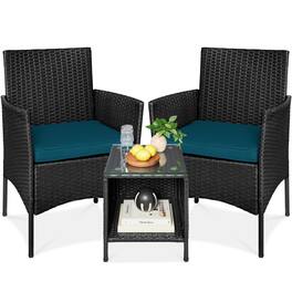 Best Choice Products - 3-Piece Outdoor Wicker Conversation Patio Bistro Set, w/ 2 Chairs, Table - Black/Peacock