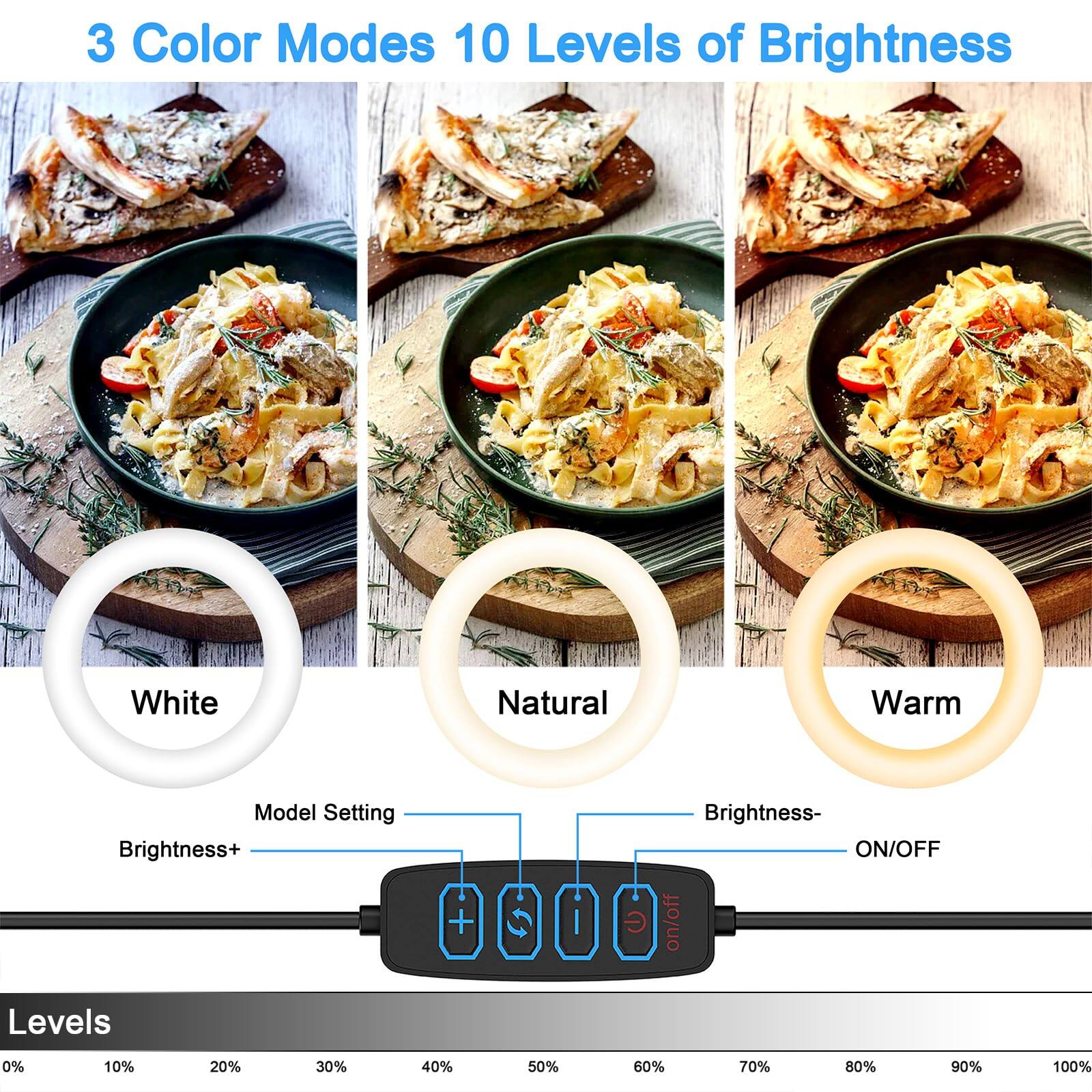 3 Color Modes  
10 Levels of Brightness  

White  
Natural  
Warm  

Model Setting  
Brightness+  
Brightness-  
ON/OFF  

Levels  
0% 10% 20% 30% 40% 50% 60% 70% 80% 90% 100%