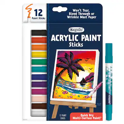 12 Paint Sticks Won't Tear, Bleed Through or Wrinkle Most Paper
Crayola ACRYLIC PAINT Sticks
Quick Dry Multi-Surface Paint!*