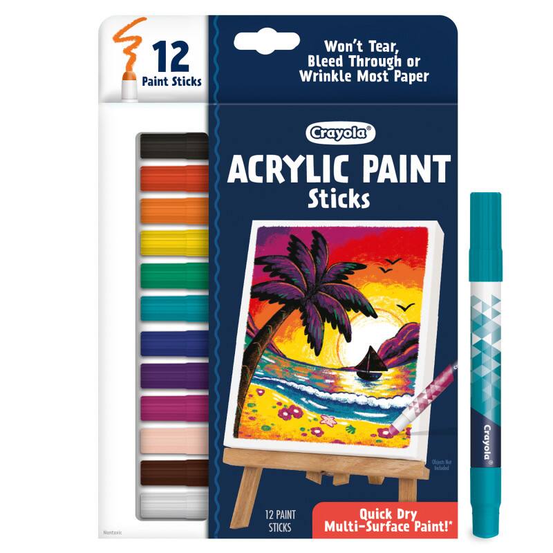 12 Paint Sticks Won't Tear, Bleed Through or Wrinkle Most Paper  
Crayola ACRYLIC PAINT Sticks  
Quick Dry Multi-Surface Paint!*