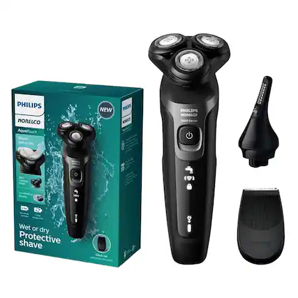 PHILIPS NORELCO AquaTouch Shave wet or dry NEW PHILIPS KOMEICO PHILIPS MORELCO 5000 Series AAADONAe MI -U d 3o Contour Head ComforCut Blades 191 - ...... Uten ? -rgs Wet or dry Protective shave Click-on precision trimmer