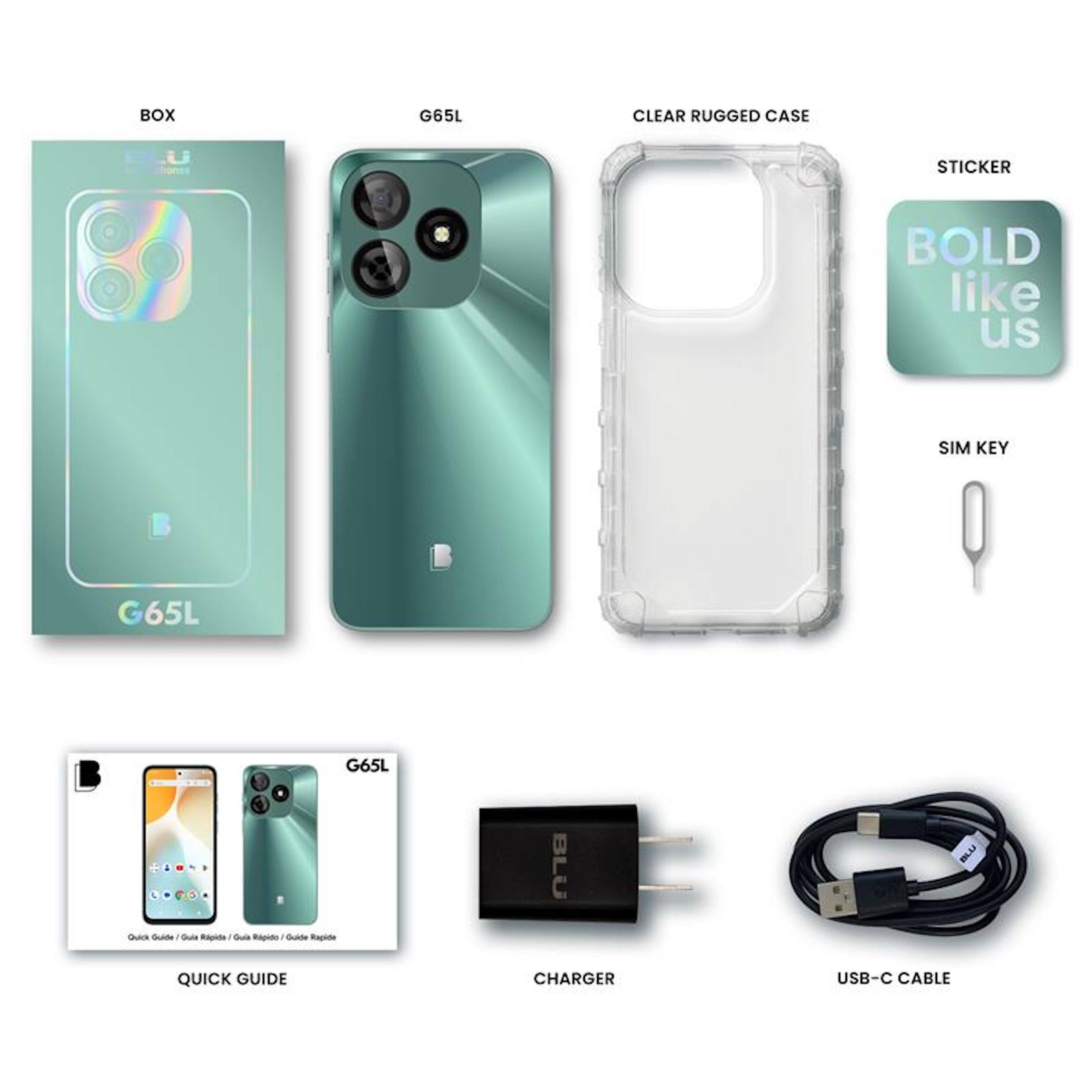 - BOX
- G65L
- CLEAR RUGGED CASE
- STICKER: BOLD like us
- SIM KEY
- QUICK GUIDE
- CHARGER
- USB-C CABLE